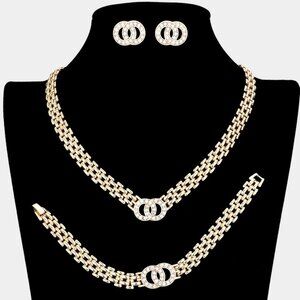 Stone Embellished Double Open Circle Link Necklace Jewelry Set